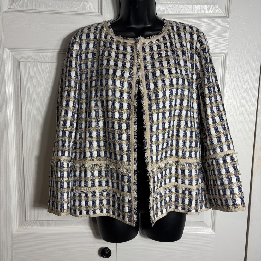 Lafayette 148 NY Open Front Tweed Boucle Blazer Women L Cream Blue Gold Open Top